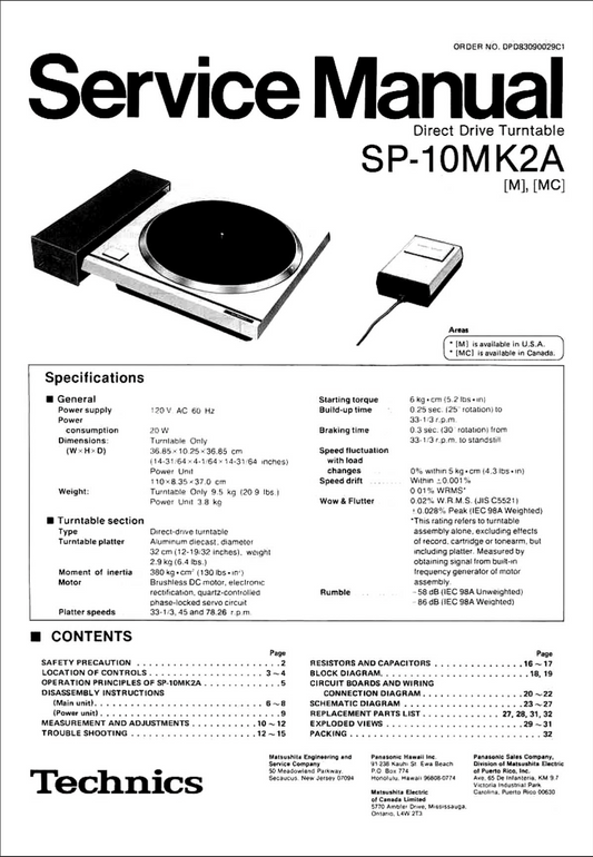 Physical Service Manual - Technics SP-10 MK2